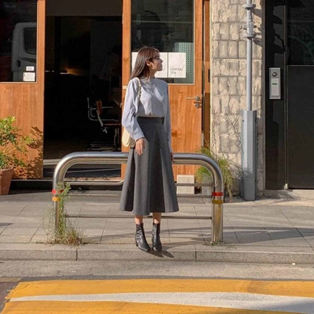 Womens Korean-style High-Waist A-Line Wool Midi Skirt - Charcoal Gray